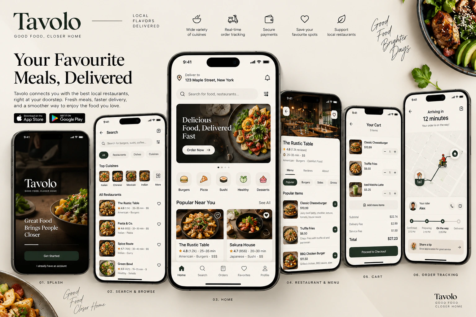 Tavolo food delivery app screens showing restaurant browsing, menu selection, ordering and delivery tracking.