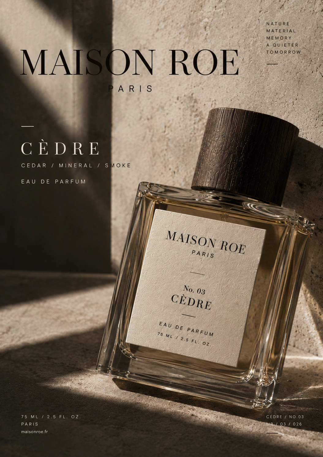 Maison Roe Cèdre fragrance bottle photographed in warm architectural light with restrained serif typography.