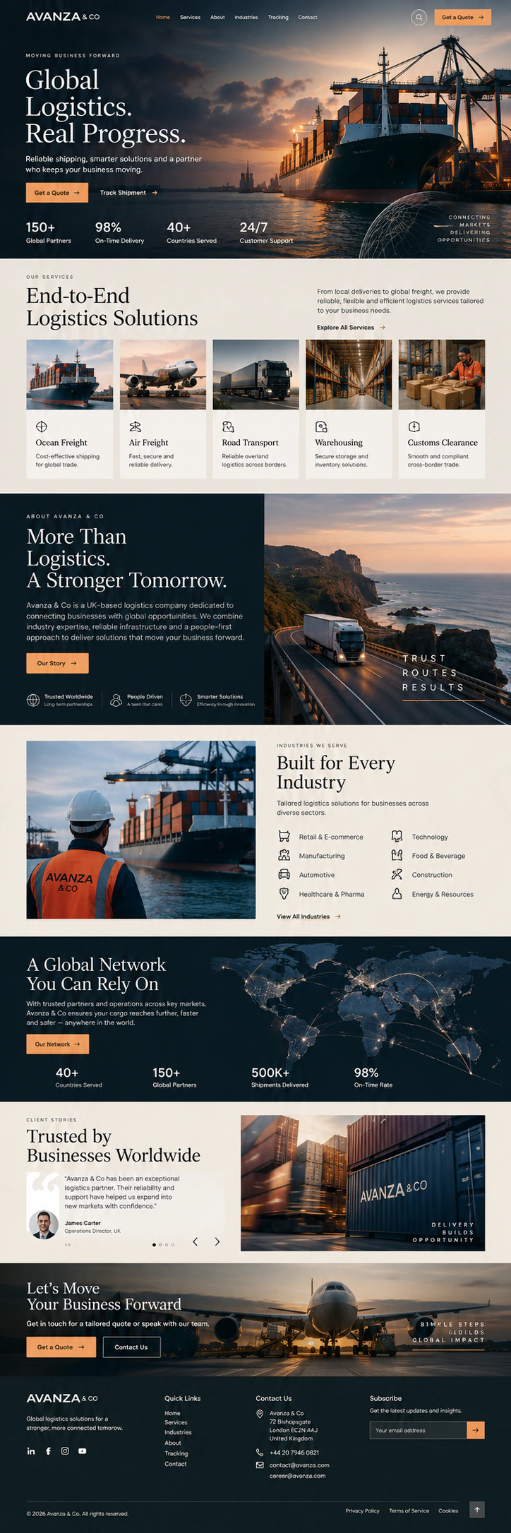 Avanza & Co logistics website design showing a structured homepage and service-led content sections.